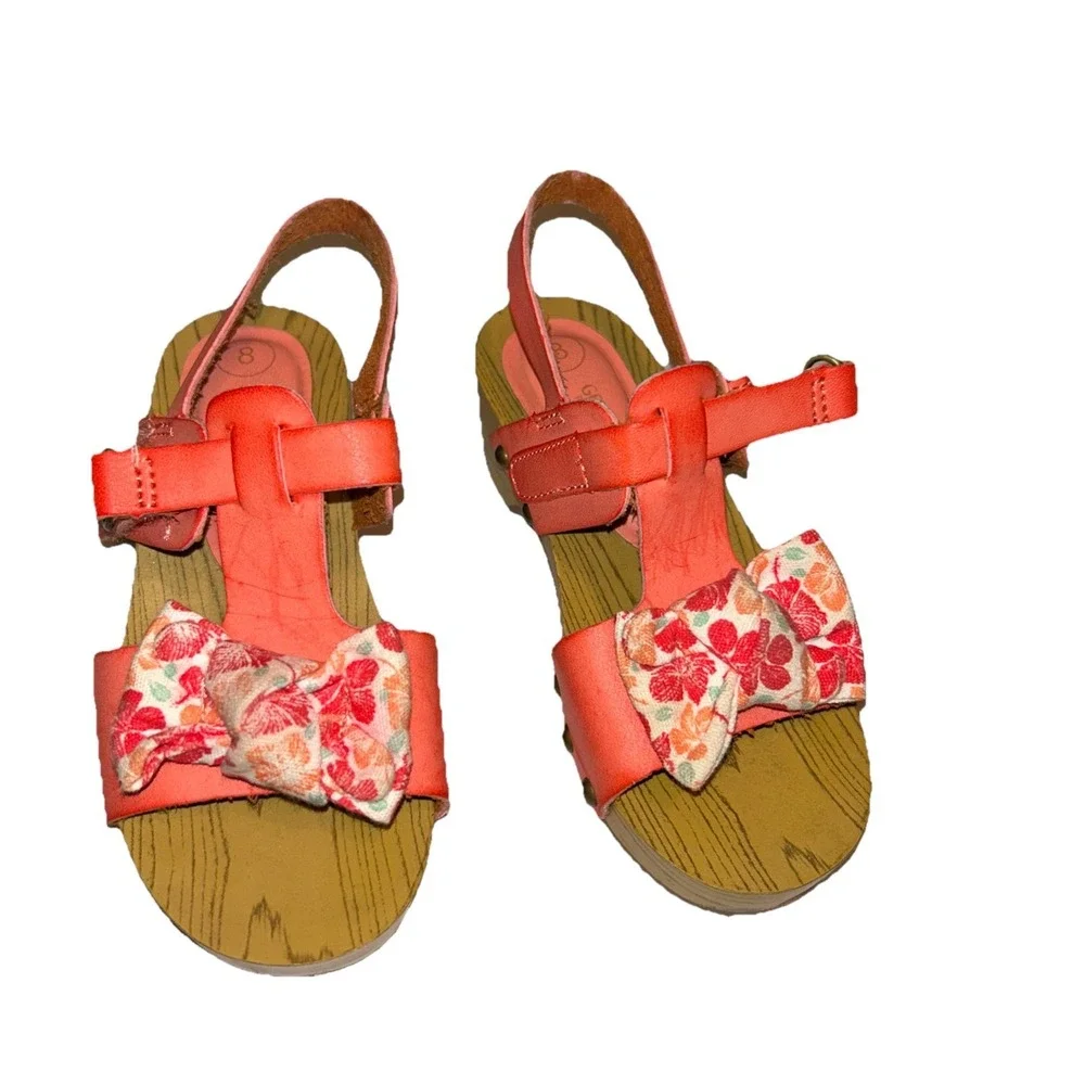 Genuine Kids OshKosh Girls Coral Orange Floral Bow Platform Sandals Sz 8 Toddler